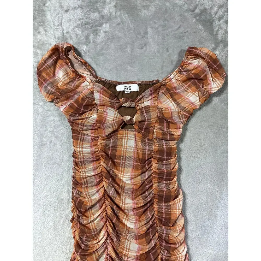 Y2K Checkered Brown Plaid Ruched Bodycon Mini Dress Puff Sleeve Medium - Picture 3 of 9